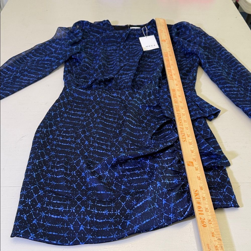 MISA Amber Mini Dress Midnight Mix Blue Sheer Sleeve Ruffle Size M $430 - Picture 8 of 11